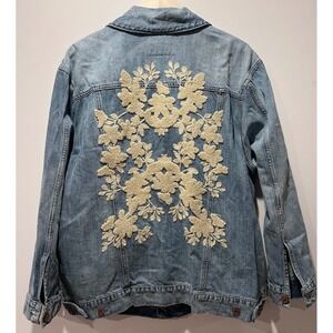 Lucky Brand Womens Boyfriend Trucker Denim Jacket Light‎ Wash Embroidered Size L